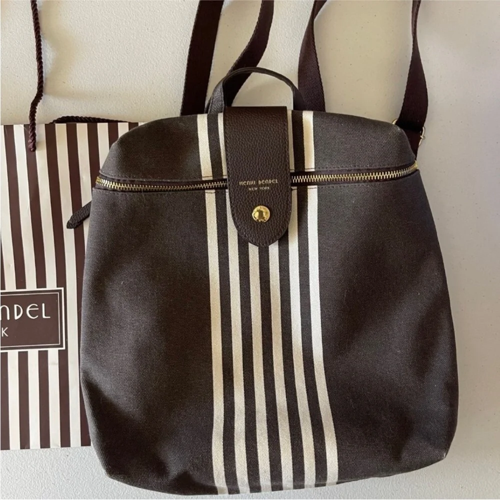 Henri Bendel Brown and White Stripe Convertible Nylon Travel Packable Backpack